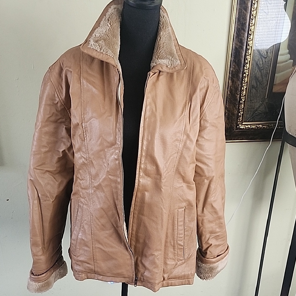 Men’s GUSS Genuine Leather Jacket XL Tan Faux Fur Lined YKK